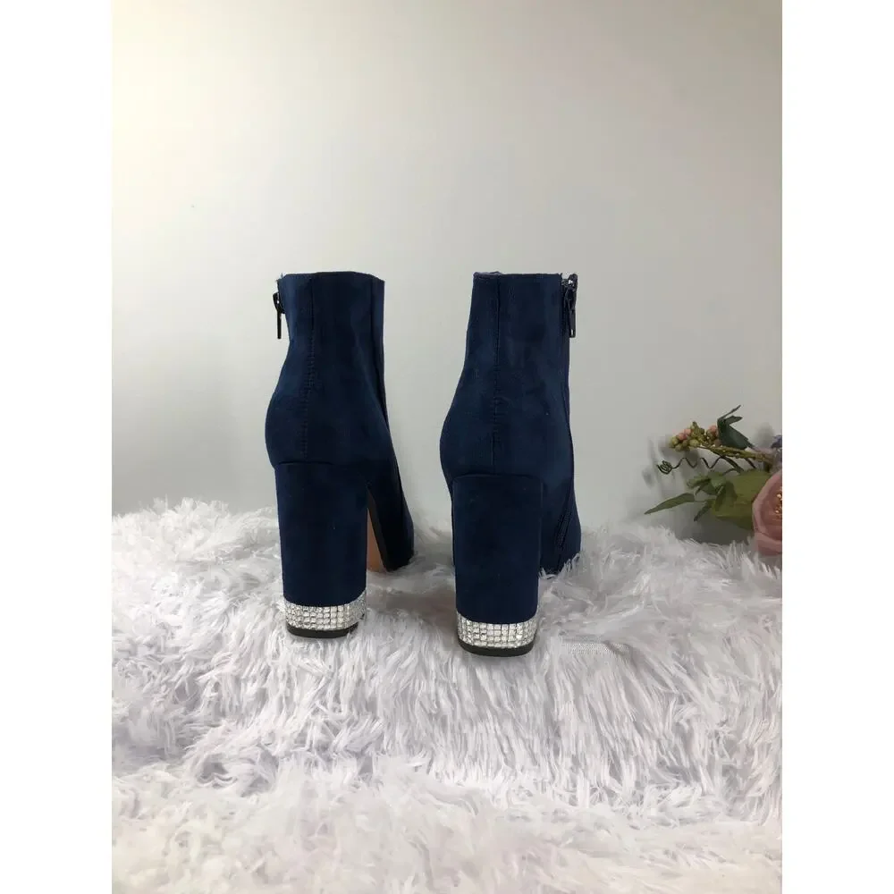XOXO Yardley‎ Dress Boots Navy Faux Suede Rhinestone Heels Size 9M Zipper Side
